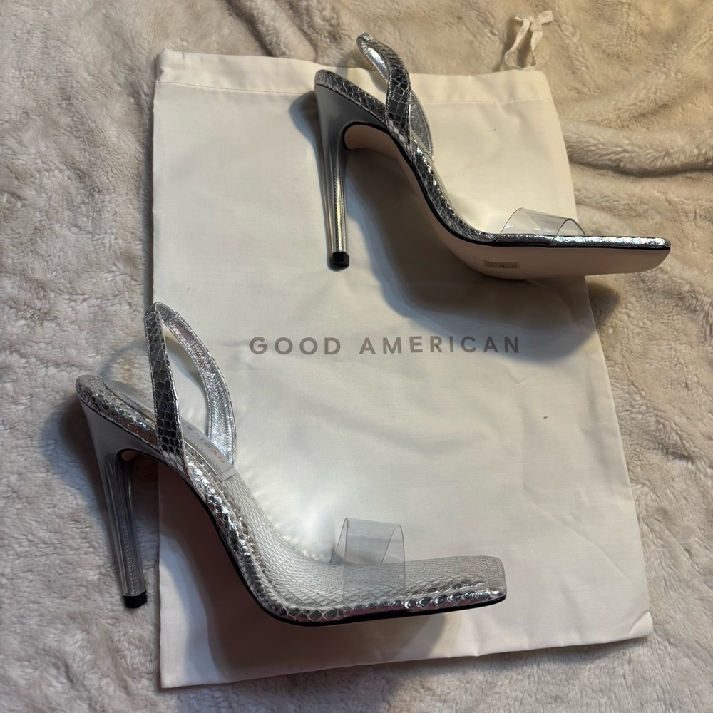 NEW Good American Heels Size 7 Metallic Silver Clear front Strap Made in Spain - Picture 15 of 16